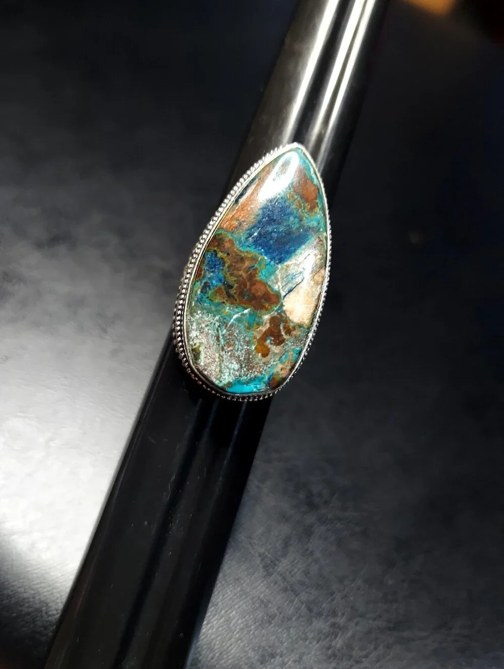 Handcrafted High-Profile Azurite Oversized Teardrop Ring (9.5)
